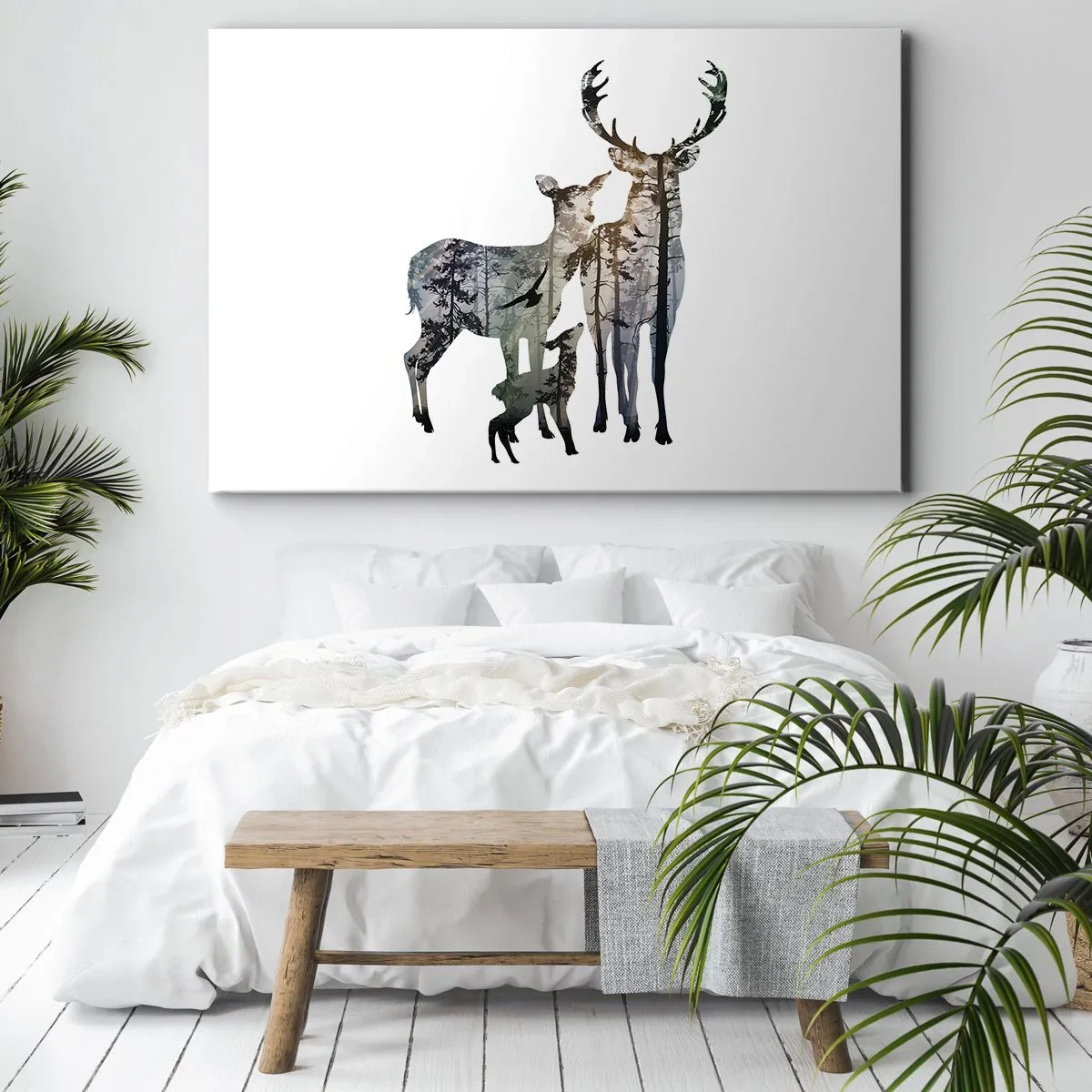 Tablou pe pânză Canvas - Peisaj forestier în siluetele cerbilor - 70x50cm - Fotografie de familie - Decorațiune modernă pentru perete pentru living și dormitor ARTTOR