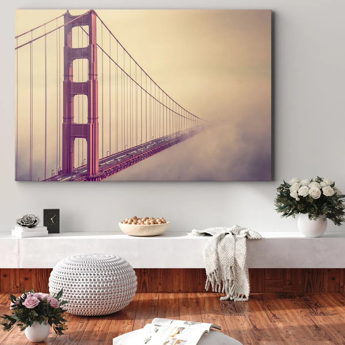 Tablou pe pânză Canvas - Un pod în ceață în nuanțe pastelate, simbol al eleganței și păcii - 70x50cm - Între cer și pământ - Decorațiune modernă pentru perete pentru living și dormitor ARTTOR