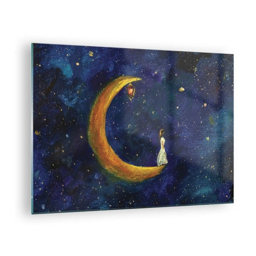 Tablou pe sticlă - O figură pe lună pe cerul nopții - 70x50cm - Chemarea lumii - Decorațiune modernă pentru perete pentru living și dormitor ARTTOR