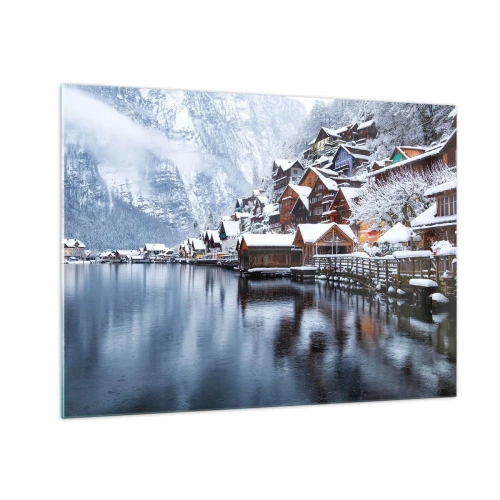 Tablou pe sticlă - Un sat de munte lângă un lac, acoperit de zăpadă într-un peisaj de iarnă - 70x50cm - În decor de iarnă - Decorațiune modernă pentru perete pentru living și dormitor ARTTOR