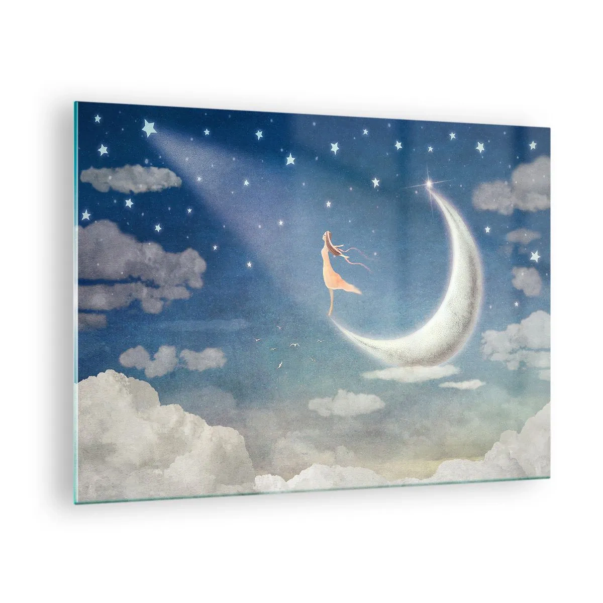 Tablou pe sticlă - O femeie într-o rochie lejeră stând pe lună pe un cer înstelat. - 70x50cm - Provocatoare în albastru - Decorațiune modernă pentru perete pentru living și dormitor ARTTOR