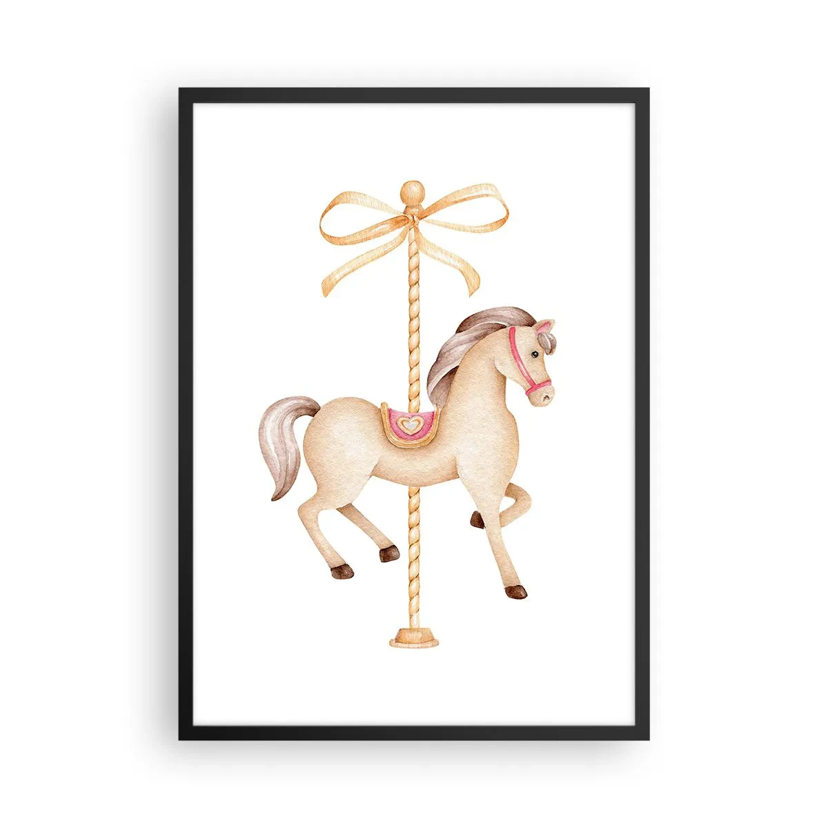 Poster în ramă neagră - O ilustrație delicată a unui cal de carusel în pasteluri - 50x70cm - Într-un trap grațios - Decorațiune modernă pentru perete pentru living și dormitor ARTTOR