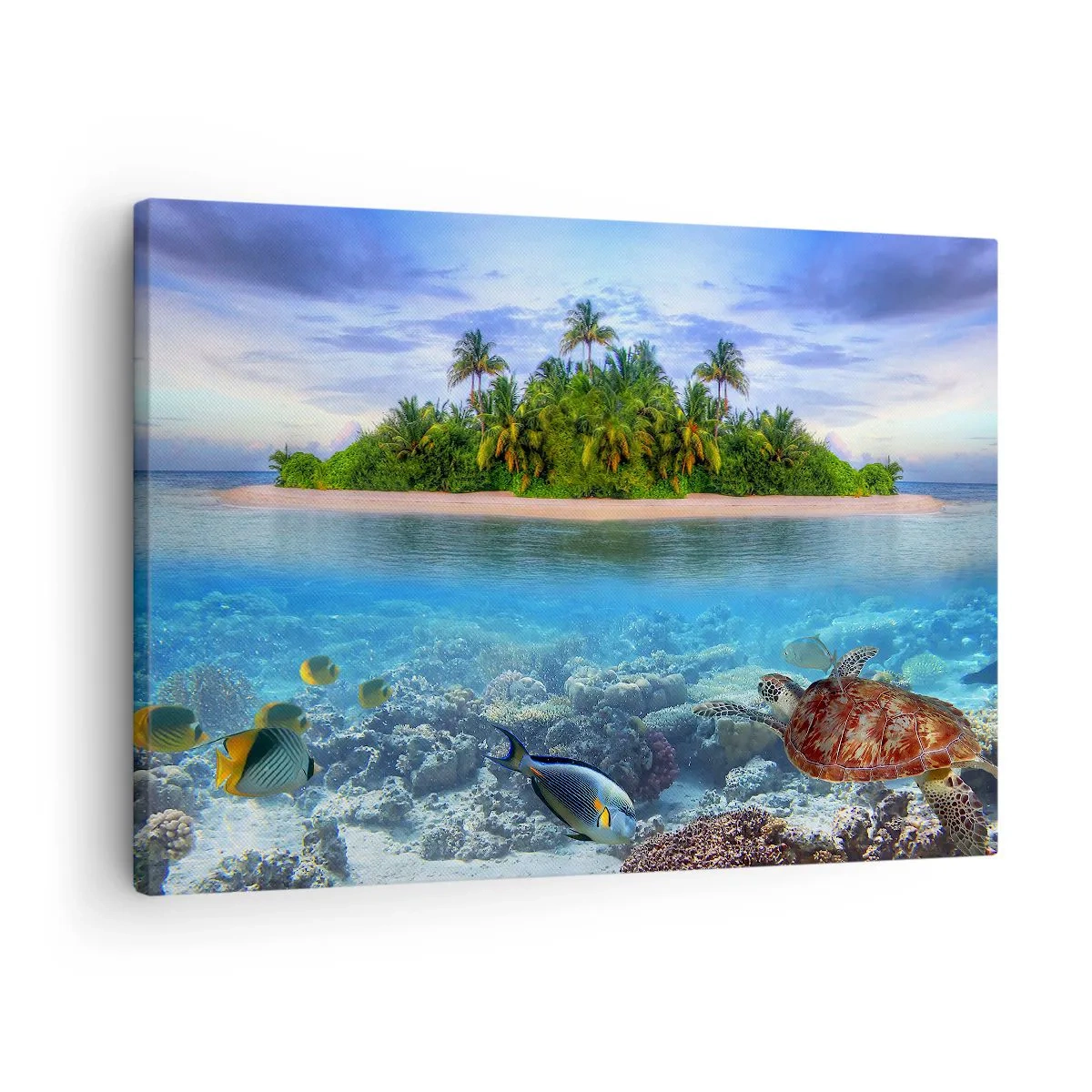 Tablou pe pânză Canvas - insulă tropicală înconjurată de un ocean turcoaz, cu un recif de corali și pești. - 70x50cm - Insula paradisiacă vă invită - Decorațiune modernă pentru perete pentru living și dormitor ARTTOR