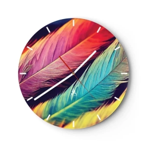 Ceas de perete - Ceas pe sticlă - Pene colorate în culori intense creând un curcubeu - 30x30cm - Curcubeu cu pene - Decorațiune modernă pentru perete pentru living, bucătărie și dormitor ARTTOR
