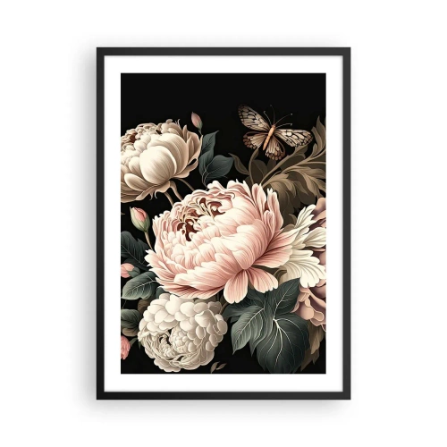 Poster în ramă neagră - Bujori eleganți și un fluture pe fundal negru - 50x70cm - În stil baroc - Decorațiune modernă pentru perete pentru living și dormitor ARTTOR