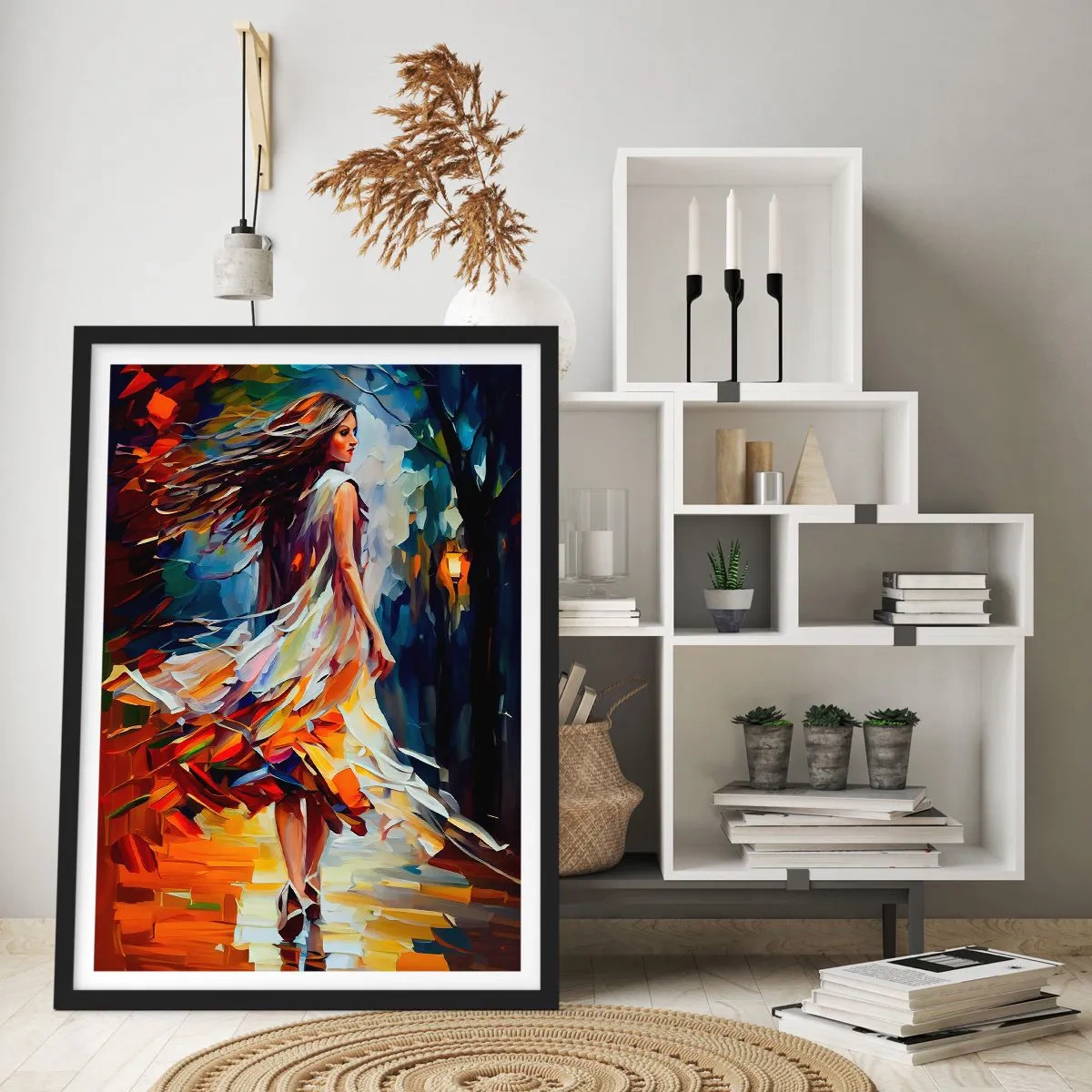 Poster în ramă neagră - femeie dansând printre frunze colorate de toamnă - 50x70cm - Fata toamnei - Decorațiune modernă pentru perete pentru living și dormitor ARTTOR