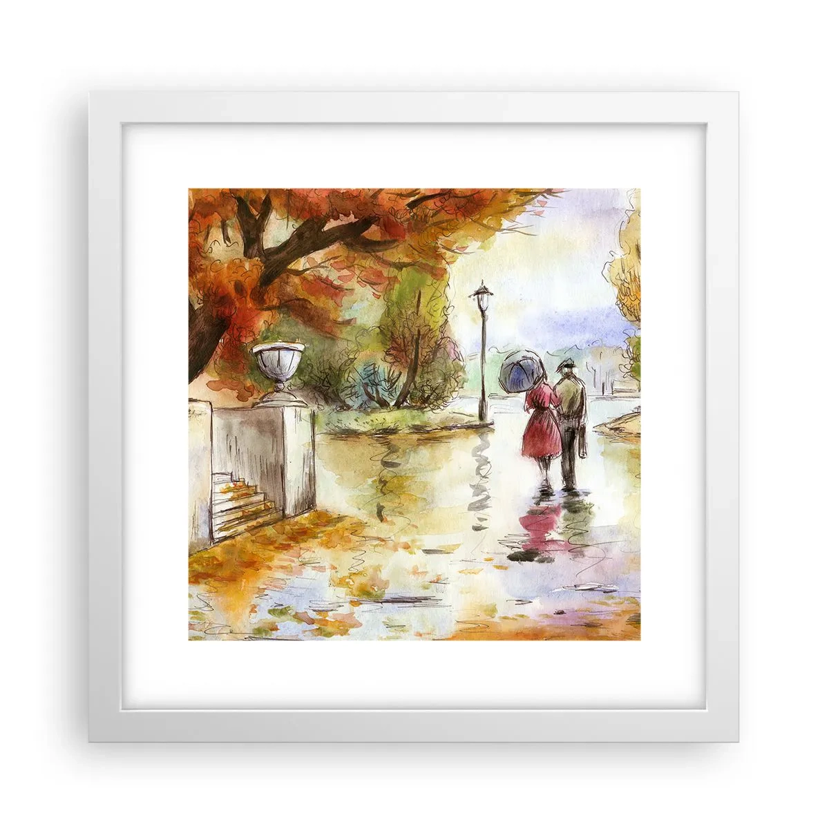 Poster în ramă albă - Toamnă romantică în parc - 30x30 cm