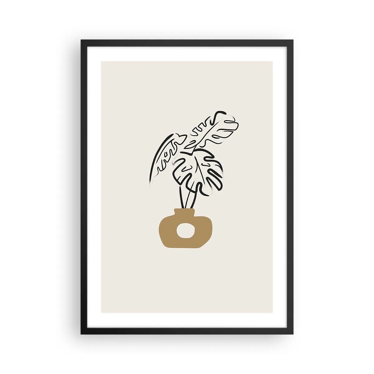 Poster în ramă neagră - Un desen minimalist al unei monstera într-o vază - 50x70cm - Monstera - decorarea casei - Decorațiune modernă pentru perete pentru living și dormitor ARTTOR
