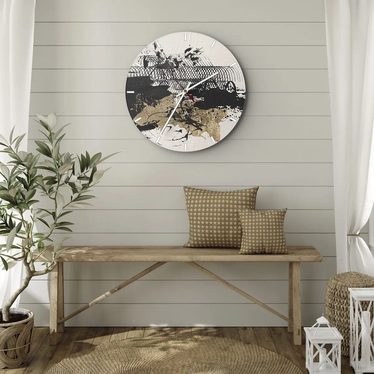 Ceas de perete - Ceas pe sticlă - Compoziție abstractă de negru, auriu și alb - 30x30cm - Compoziție cu pasiune - Decorațiune modernă pentru perete pentru living, bucătărie și dormitor ARTTOR