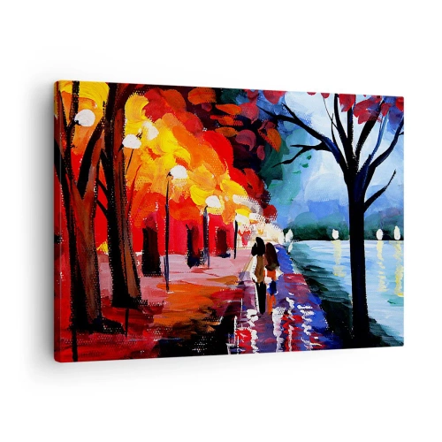 Tablou pe pânză Canvas - O plimbare de toamnă de-a lungul cărării cu vedere la apă - 70x50cm - Toamnă înflăcărată în parc - Decorațiune modernă pentru perete pentru living și dormitor ARTTOR