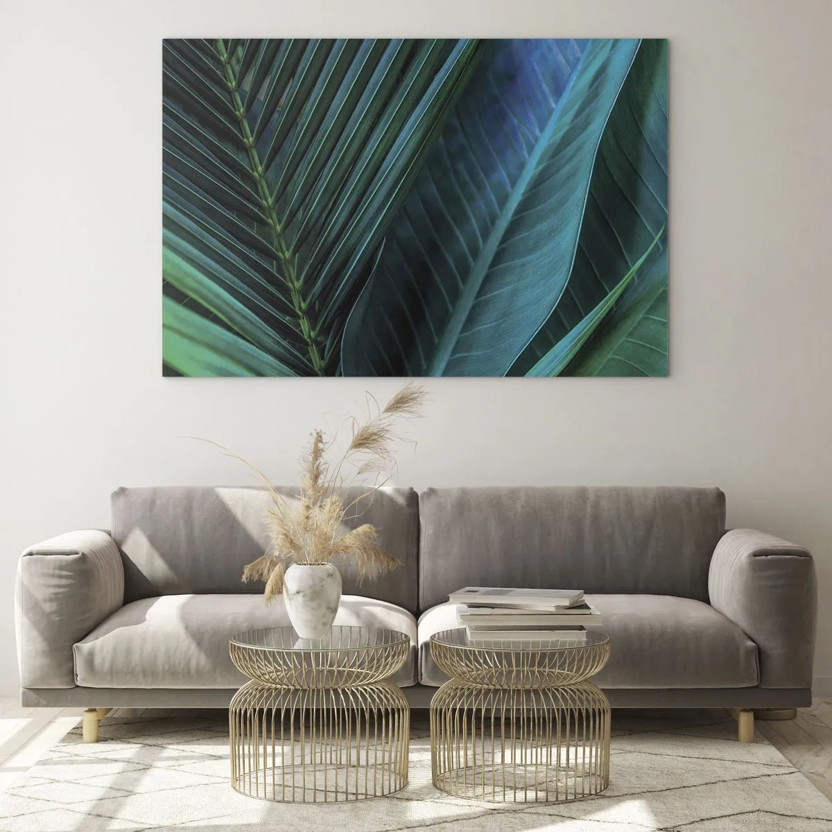 Tablou pe sticlă - Detalii frunze tropicale verde închis - 70x50cm - Anatomia verdelui - Decorațiune modernă pentru perete pentru living și dormitor ARTTOR