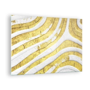 Tablou pe sticlă - Valuri abstracte aurii și albe cu efect textural - 70x50cm - Compoziția în alb și auriu - Decorațiune modernă pentru perete pentru living și dormitor ARTTOR