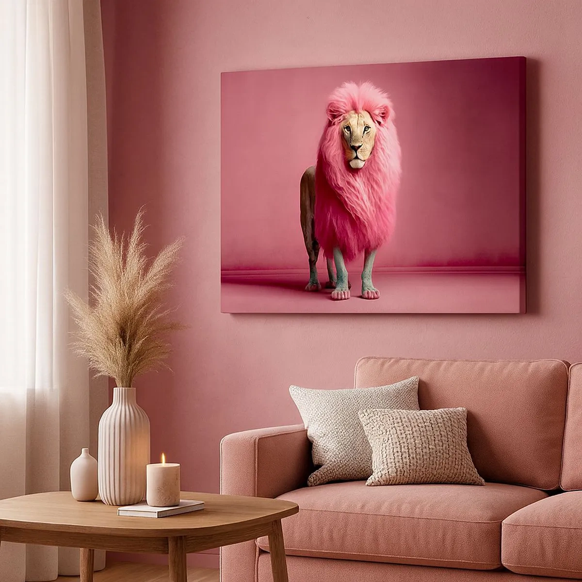 Tablou pe pânză Canvas - Un leu redat artistic cu o coamă roz pe un fundal roz - 70x50cm - Și nu-ți mai este frică - Decorațiune modernă pentru perete pentru living și dormitor ARTTOR