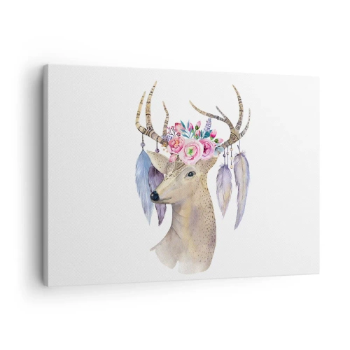 Tablou pe pânză Canvas - Grafică romantică de cerb cu flori și pene - 70x50cm - Ghidul sufletului - blând, inocent - Decorațiune modernă pentru perete pentru living și dormitor ARTTOR