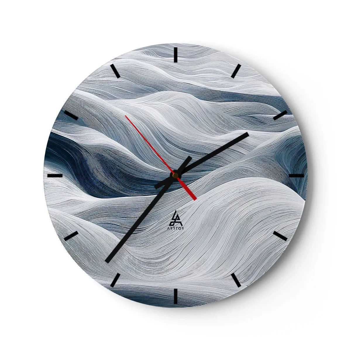 Ceas de perete - Ceas pe sticlă - Linii grafice, ondulate în tonuri de alb și albastru - 30x30cm - Valuri albastre și albe - Decorațiune modernă pentru perete pentru living, bucătărie și dormitor ARTTOR