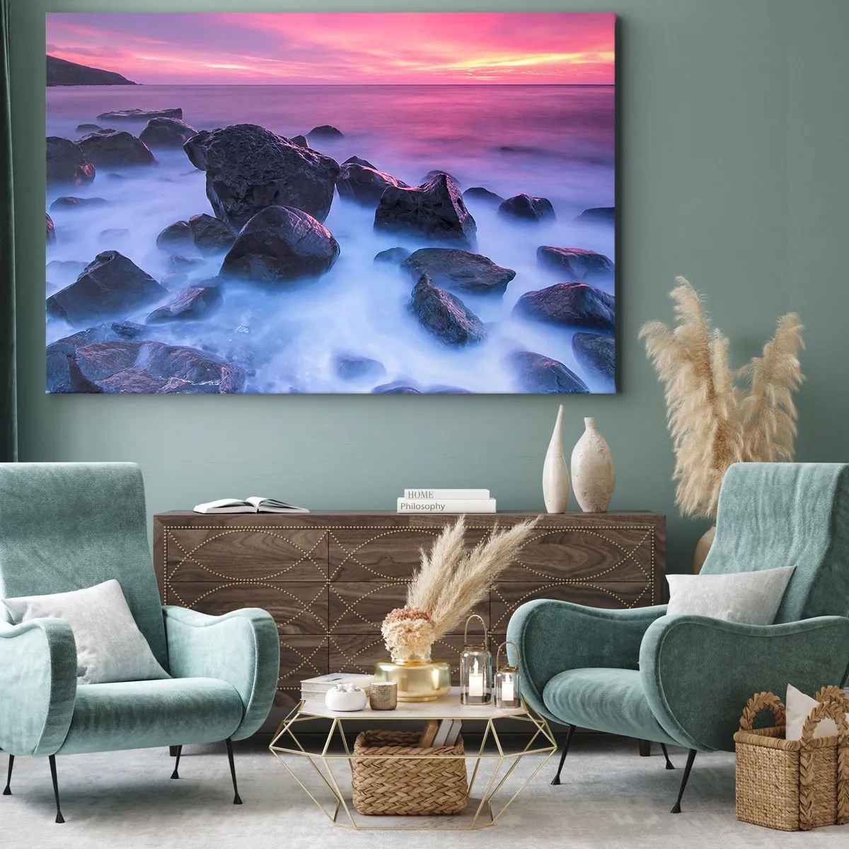 Tablou pe pânză Canvas - Coasta stâncoasă la apus - 70x50cm - Naștere în sclipici și ceață - Decorațiune modernă pentru perete pentru living și dormitor ARTTOR