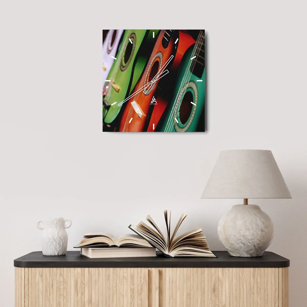 Ceas de perete - Ceas pe sticlă - Chitara are multe culori - 40x40 cm
