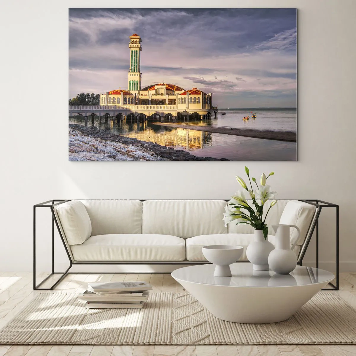 Tablou pe sticlă - Moschee pe apă într-o lumină pitorească - 70x50cm - Un templu al naturii - Decorațiune modernă pentru perete pentru living și dormitor ARTTOR