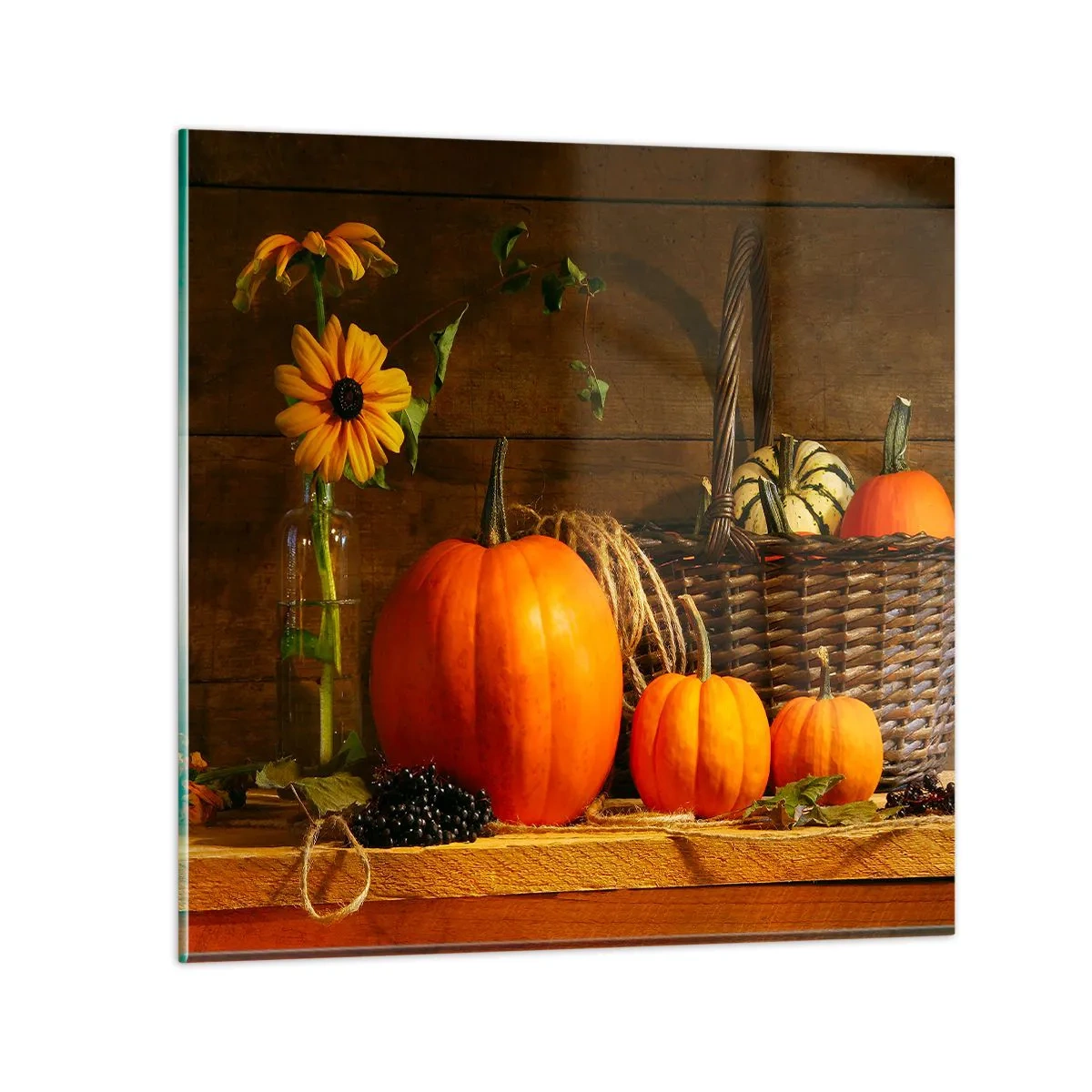 Tablou pe sticlă - Compoziție rustică - cadouri de toamnă - 30x30 cm