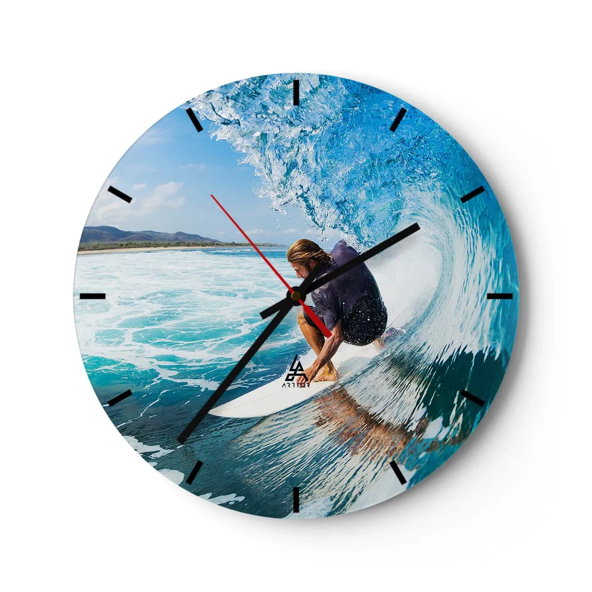 Ceas de perete - Ceas pe sticlă - Surfer în tunelul valurilor de apă - 30x30cm - Dansând cu valurile - Decorațiune modernă pentru perete pentru living, bucătărie și dormitor ARTTOR