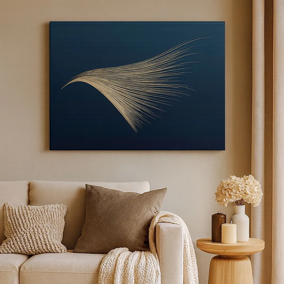 Tablou pe pânză Canvas - O linie delicată asemănătoare unei pene pe un fundal bleumarin - 70x50cm - Ca părul unui înger - Decorațiune modernă pentru perete pentru living și dormitor ARTTOR