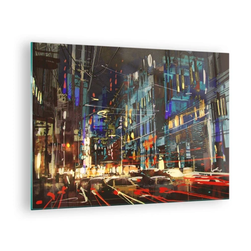 Tablou pe sticlă - Stradă de oraș de seară cu lumini neon și trafic - 70x50cm - Agitația de seară a străzii - Decorațiune modernă pentru perete pentru living și dormitor ARTTOR