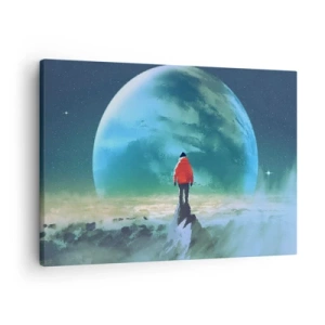 Tablou pe pânză Canvas - Un bărbat într-o jachetă roșie stă în fața unei planete mari cu stele în fundal. - 70x50cm - Descoperitorul unui nou ținut - Decorațiune modernă pentru perete pentru living și dormitor ARTTOR