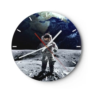 Ceas de perete - Ceas pe sticlă - Astronautul pe suprafața lunară - 30x30cm - Salutări de pe Lună - Decorațiune modernă pentru perete pentru living, bucătărie și dormitor ARTTOR