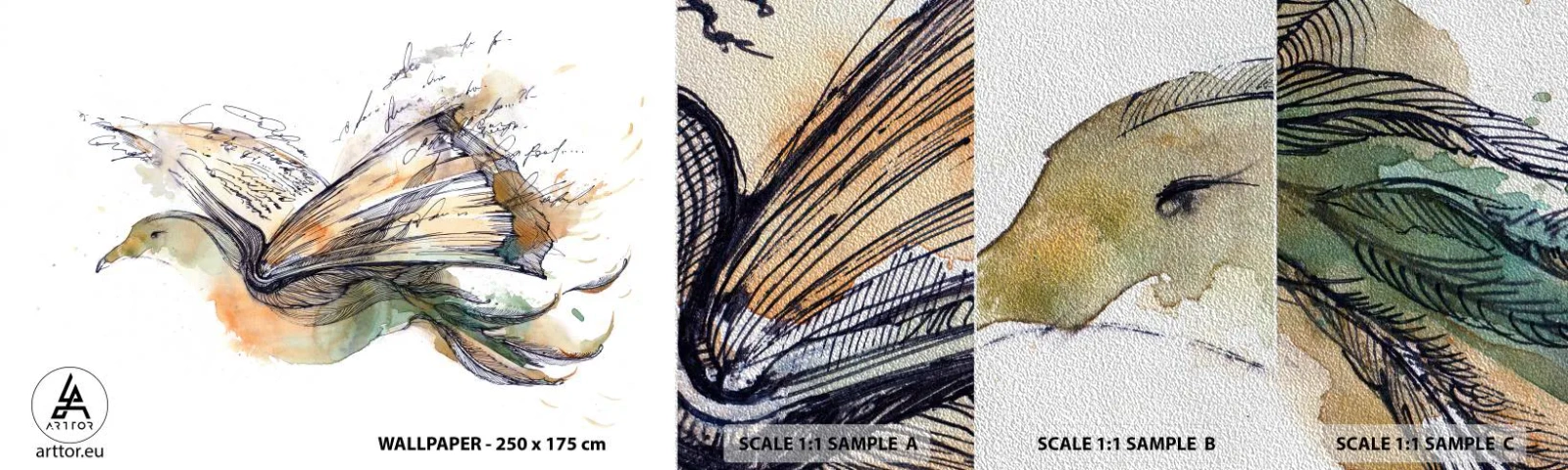 Mostră tapet Premium Sand - Pe aripile poeziei - Abstracția, Pasăre, Carte - 100x30 cm