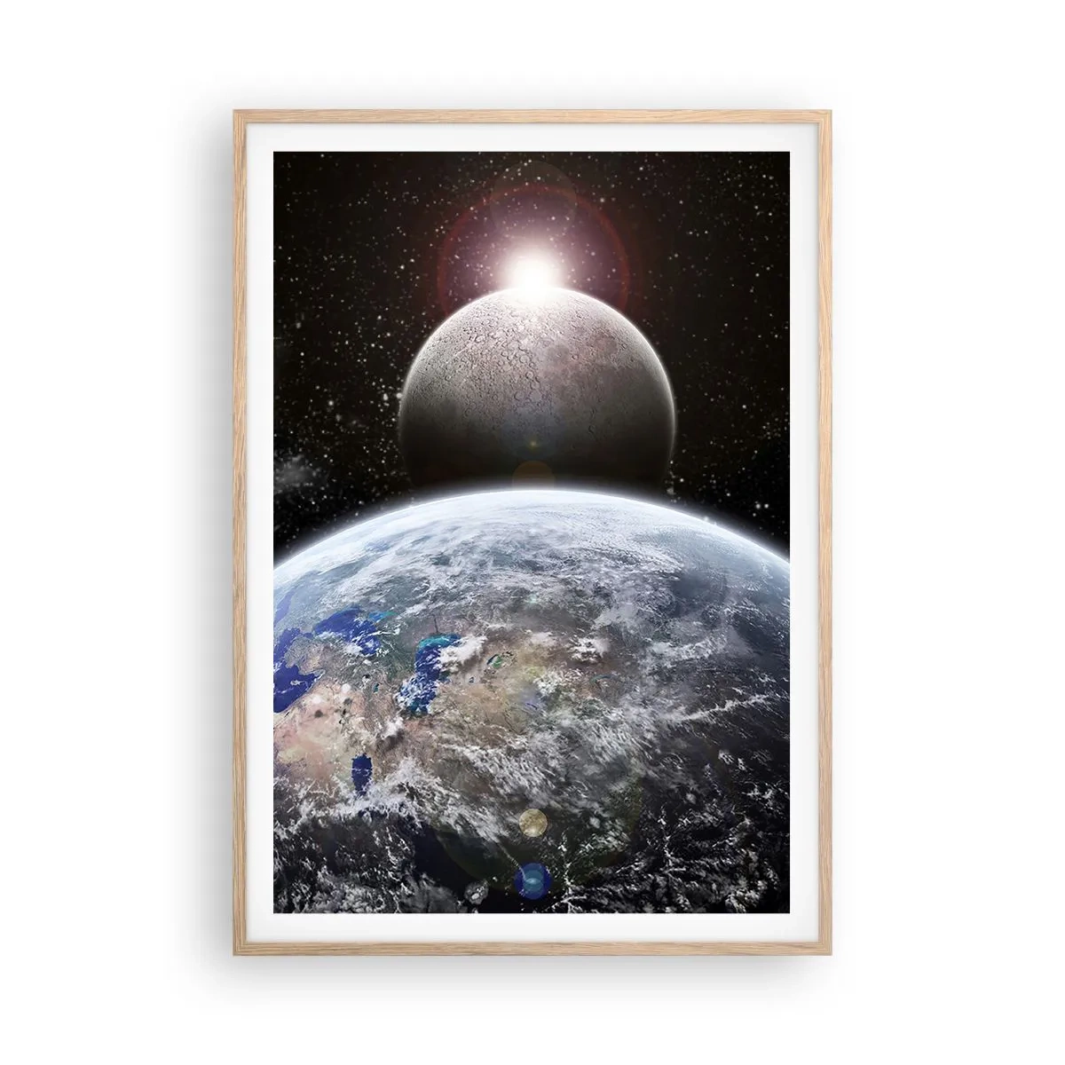 Poster în ramă de stejar deschis - Peisaj cosmic - răsărit de soare - 70x100 cm