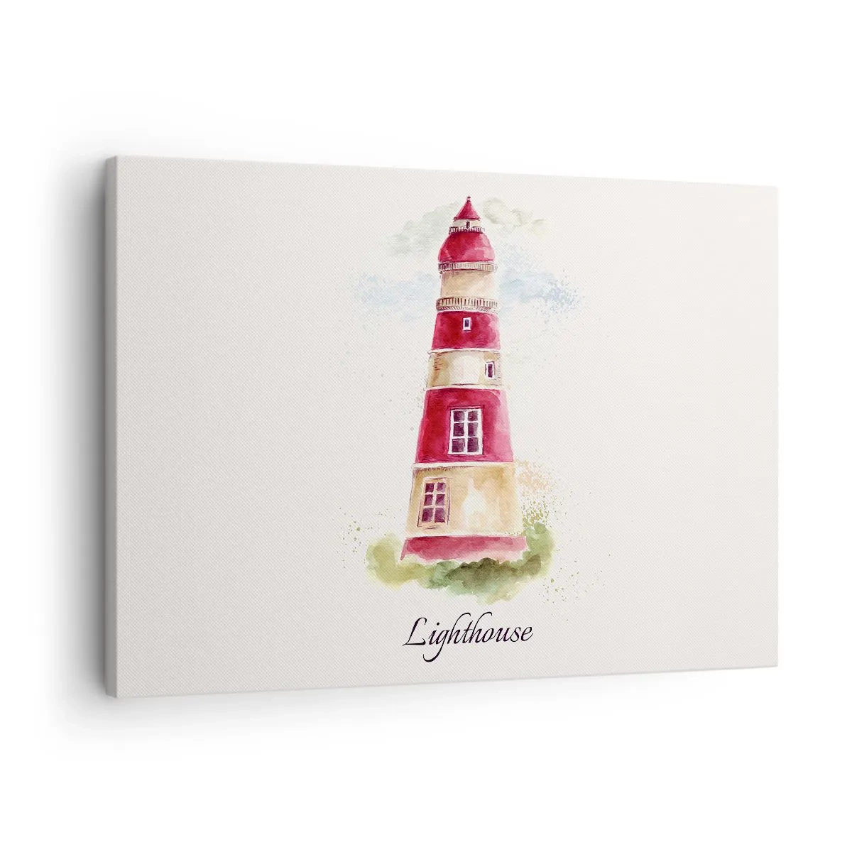 Tablou pe pânză Canvas - O pictură în acuarelă a unui far pe un fundal deschis cu o inscripție - 70x50cm - Întotdeauna vreme bună - Decorațiune modernă pentru perete pentru living și dormitor ARTTOR