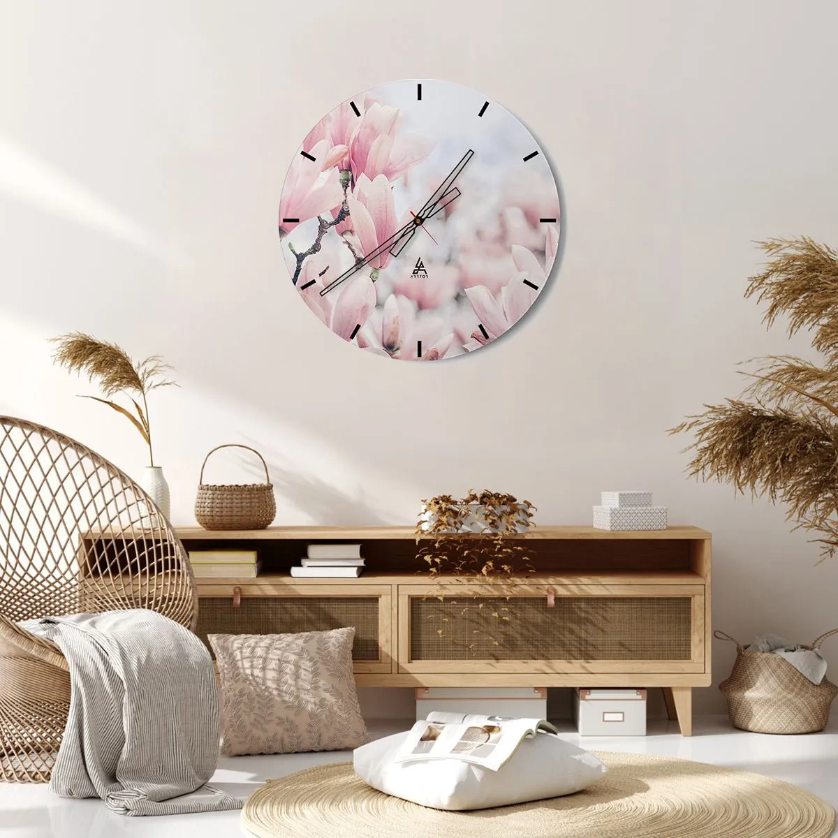 Ceas de perete - Ceas pe sticlă - Magnolii roz delicate pe un fundal neclar - 30x30cm - Idealul de subtilitate - Decorațiune modernă pentru perete pentru living, bucătărie și dormitor ARTTOR