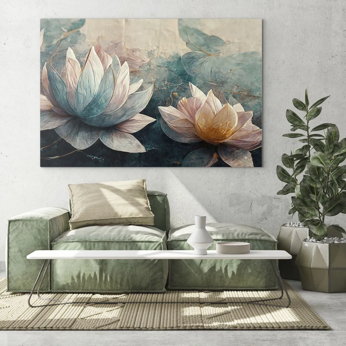 Tablou pe sticlă - Reprezentare artistică a florilor de lotus pe un fundal de frunze de apă. - 70x50cm - Stele de lac - Decorațiune modernă pentru perete pentru living și dormitor ARTTOR