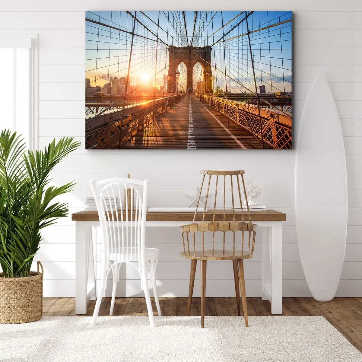 Tablou pe pânză Canvas - Podul în lumina soarelui care apune, cu vedere asupra orașului - 70x50cm - Pe podul de aur - Decorațiune modernă pentru perete pentru living și dormitor ARTTOR