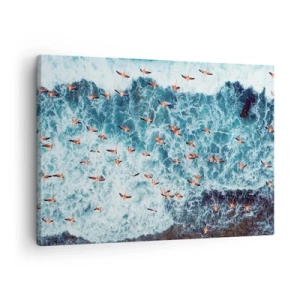 Tablou pe pânză Canvas - O vedere de sus a flamingilor roz deasupra unui ocean albastru - 70x50cm - Parada de la malul mării - Decorațiune modernă pentru perete pentru living și dormitor ARTTOR