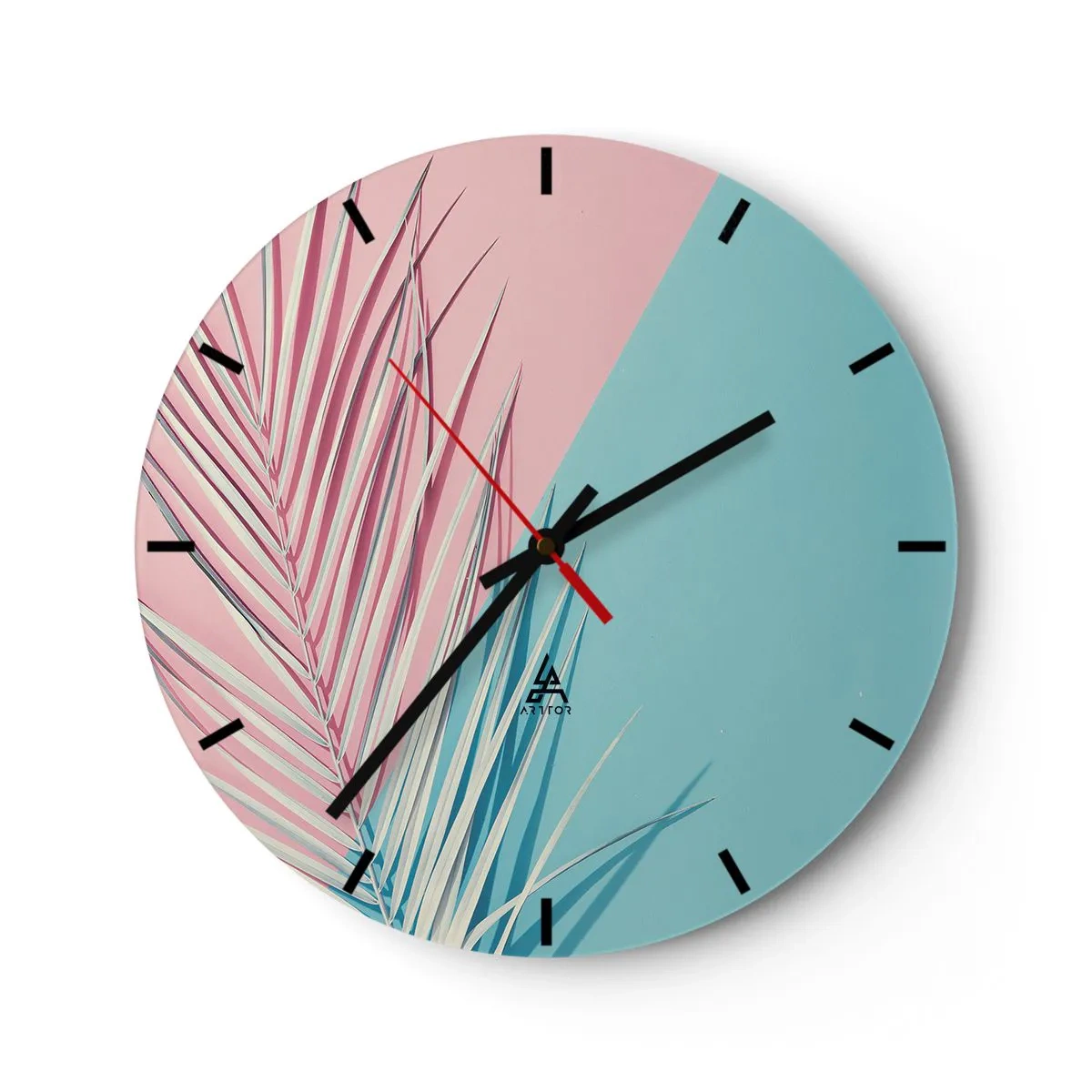 Ceas de perete - Ceas pe sticlă - Frunze de palmier pe un fundal roz pastel și albastru - 30x30cm - Impresie tropicală - Decorațiune modernă pentru perete pentru living, bucătărie și dormitor ARTTOR