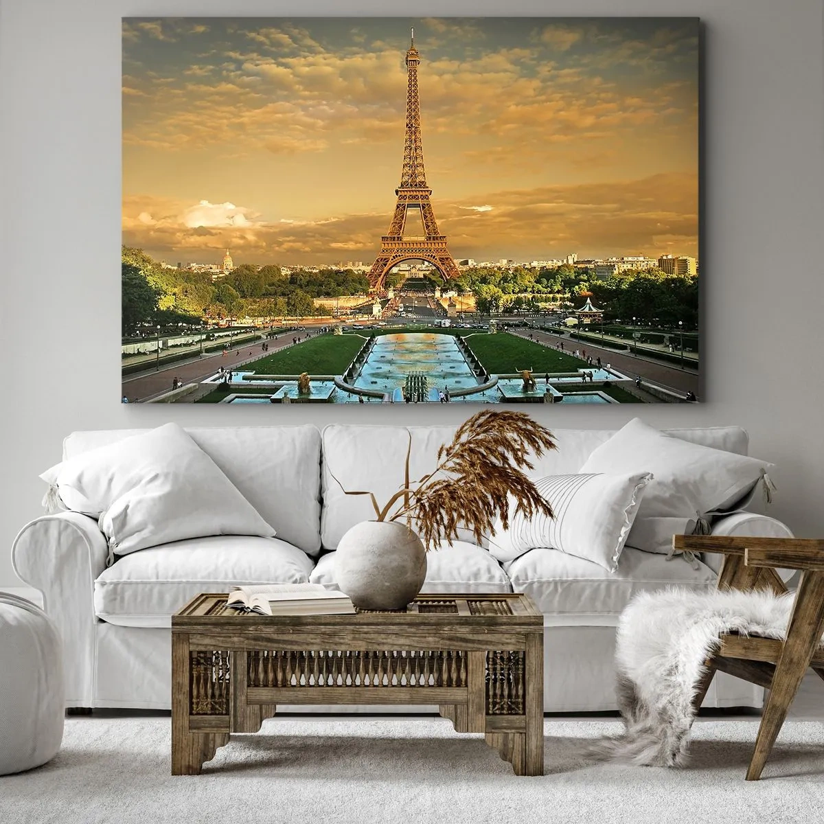 Tablou pe pânză Canvas - Turnul Eiffel din Paris la apus - 70x50cm - Simbolul Parisului - Decorațiune modernă pentru perete pentru living și dormitor ARTTOR