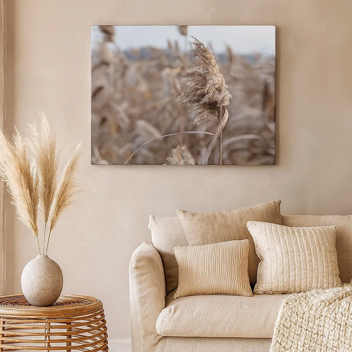 Tablou pe pânză Canvas - Ierburi delicate în nuanțe de bej pe fundalul naturii - 70x50cm - E timpul să zbori cu vântul - Decorațiune modernă pentru perete pentru living și dormitor ARTTOR