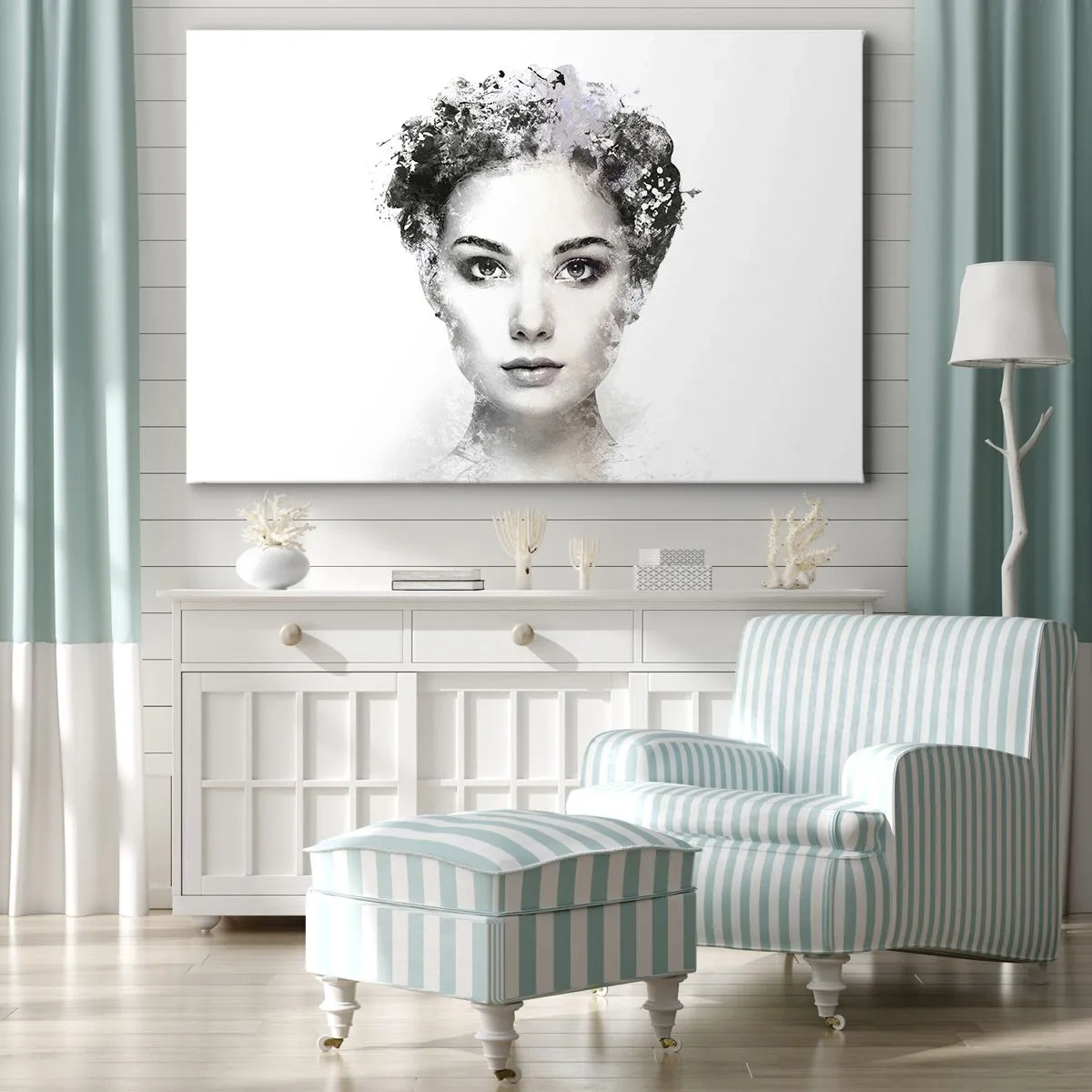 Tablou pe pânză Canvas - Un portret artistic al unei femei cu accente abstracte delicate. - 70x50cm - Un portret extrem de elegant - Decorațiune modernă pentru perete pentru living și dormitor ARTTOR
