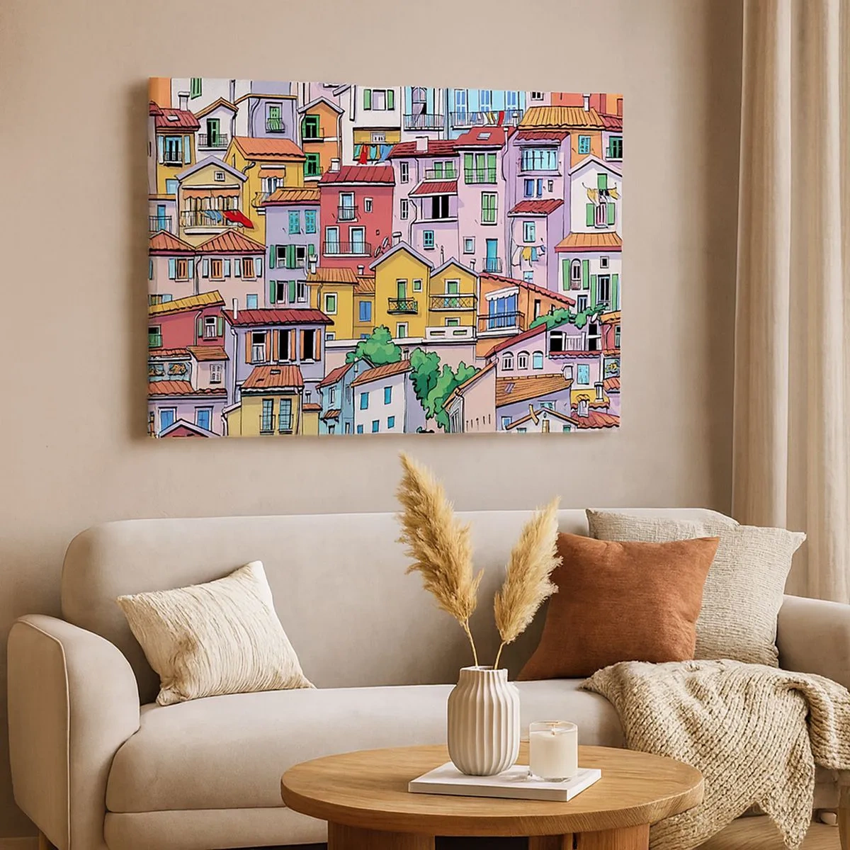 Tablou pe pânză Canvas - Case de locuit colorate, într-un stil plin de viață și vesel - 70x50cm - Oraș vesel - Decorațiune modernă pentru perete pentru living și dormitor ARTTOR