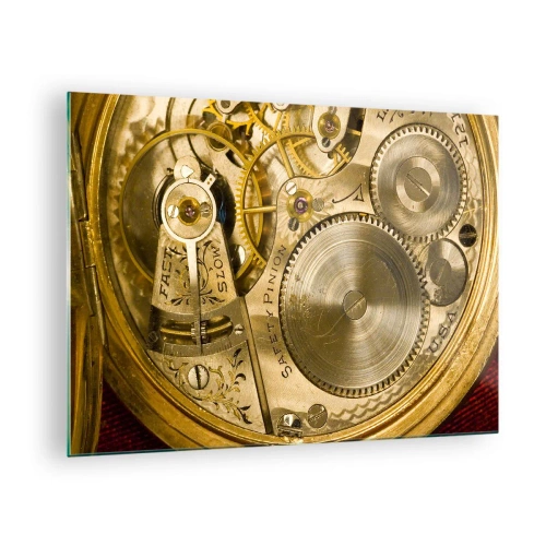 Tablou pe sticlă - Mecanism de ceas cu finisaj auriu - 70x50cm - Fii în pas cu vremurile - Decorațiune modernă pentru perete pentru living și dormitor ARTTOR