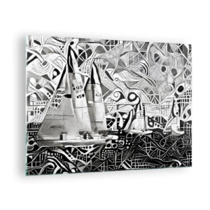 Tablou pe sticlă - Abstracție alb-negru cu bărci cu pânze și modele geometrice - 70x50cm - Între valuri - Decorațiune modernă pentru perete pentru living și dormitor ARTTOR