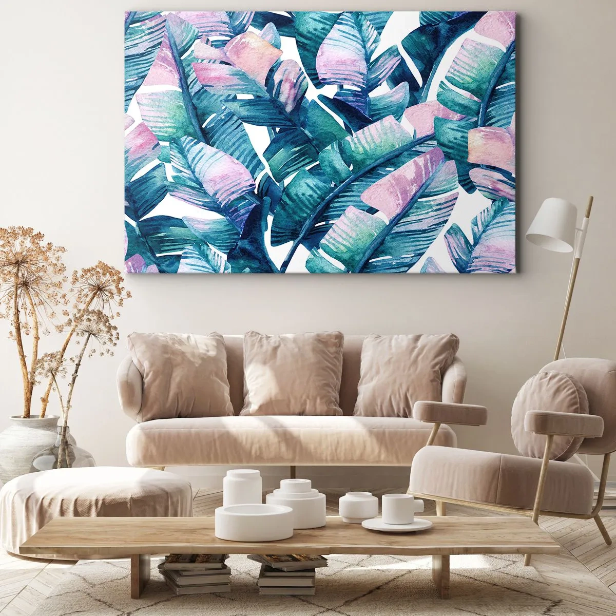 Tablou pe pânză Canvas - Frunze de bananier în nuanțe de albastru și roz - 70x50cm - Într-o livadă de banane - Decorațiune modernă pentru perete pentru living și dormitor ARTTOR