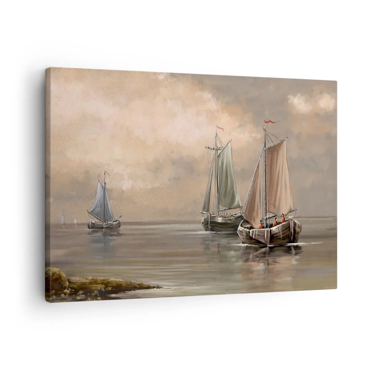 Tablou pe pânză Canvas - Bărci cu pânze pe o mare calmă într-un decor pastelat - 70x50cm - Întoarcerea marinarilor - Decorațiune modernă pentru perete pentru living și dormitor ARTTOR