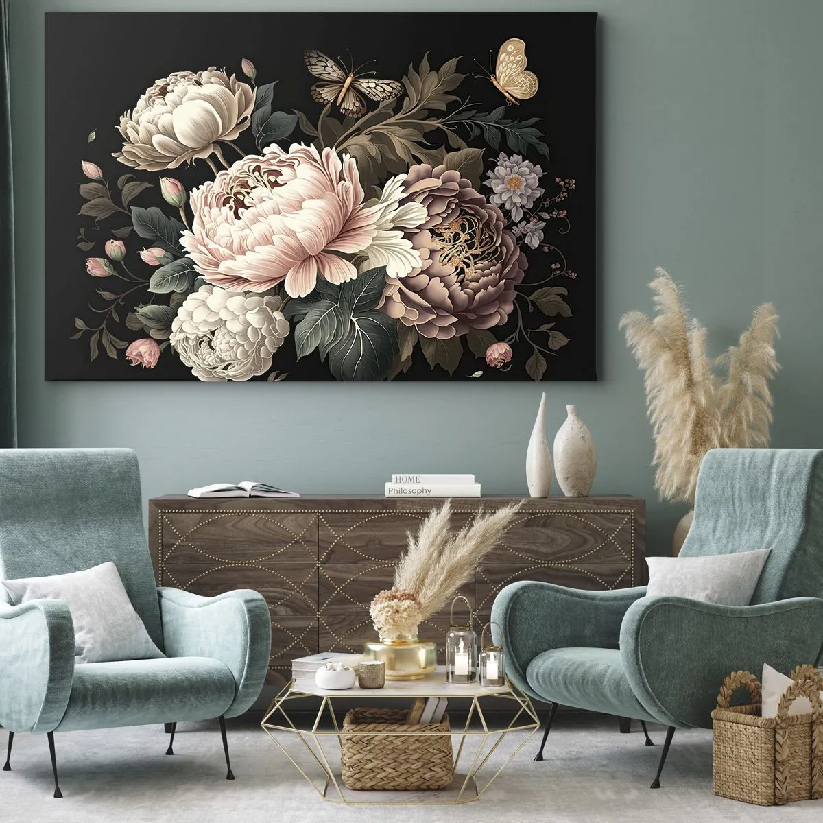 Tablou pe pânză Canvas - Un buchet de flori roz și fluturi pe fundal negru - 70x50cm - În stil baroc - Decorațiune modernă pentru perete pentru living și dormitor ARTTOR