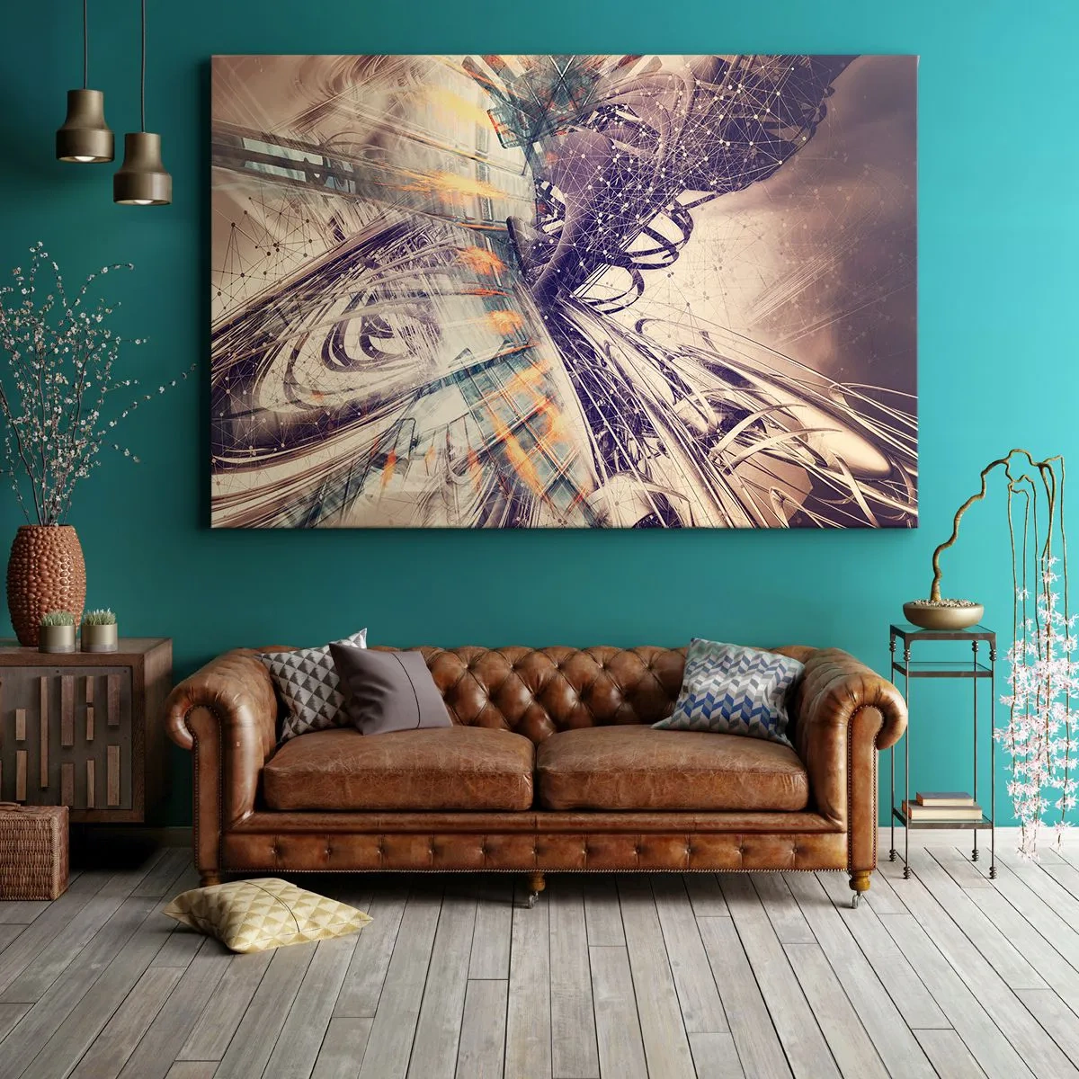 Tablou pe pânză Canvas - Abstracție dinamică în nuanțe de bej și violet - 70x50cm - În marea grabă - Decorațiune modernă pentru perete pentru living și dormitor ARTTOR