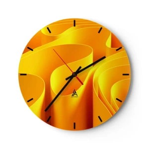 Ceas de perete - Ceas pe sticlă - Forme aurii abstracte care seamănă cu valuri de lumină - 30x30cm - Ca niște valuri de soare - Decorațiune modernă pentru perete pentru living, bucătărie și dormitor ARTTOR
