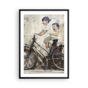 Poster în ramă neagră - O pictură murală stradală cu copii pe bicicletă - 50x70cm - Adevărat sau fals? - Decorațiune modernă pentru perete pentru living și dormitor ARTTOR