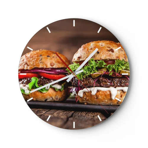 Ceas de perete - Ceas pe sticlă - Burgeri apetisanți pe un fundal de lemn - 30x30cm - American dream - Decorațiune modernă pentru perete pentru living, bucătărie și dormitor ARTTOR
