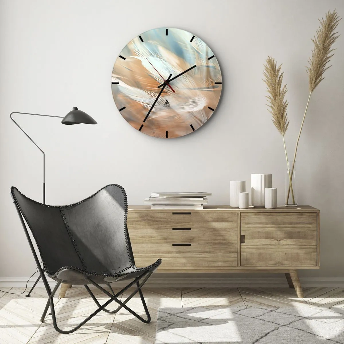 Ceas de perete - Ceas pe sticlă - Pene delicate în nuanțe pastelate de albastru și piersică - 30x30cm - În țara blândeții - Decorațiune modernă pentru perete pentru living, bucătărie și dormitor ARTTOR